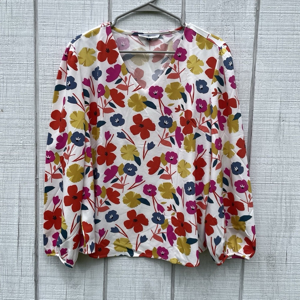 Michelle McDowell Floral Bright Colored Vneck Longsleeved Blouse Fun‎ Large L